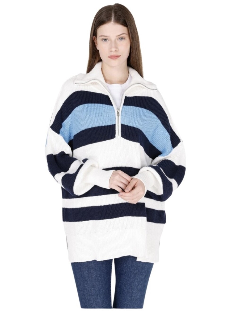 aerie Striped Half-Zip Sweater - White, Navy & Light Blue